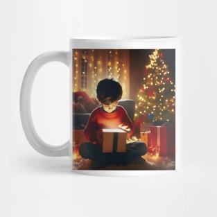 Young child opening a wondrous glowing gift on Christmas morning generative ai Mug